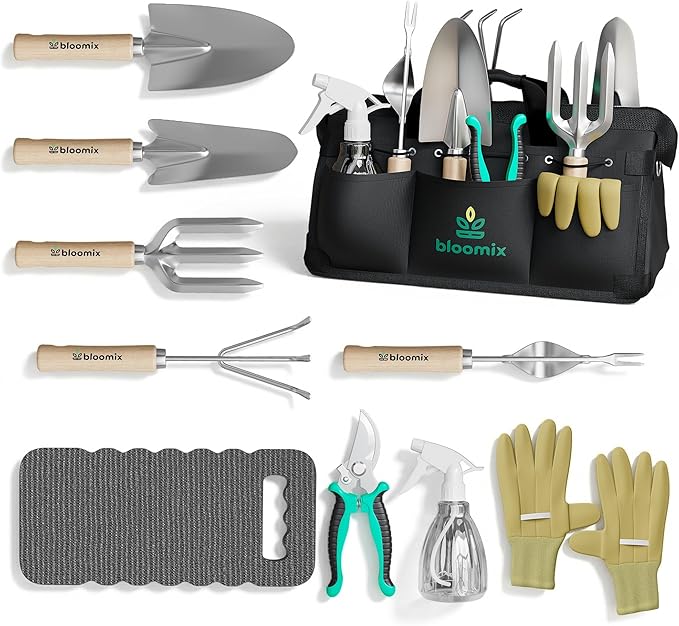 Bloomix 12Pcs Gardening Tools Set - Heavy Duty Garden Tools Set with Tool Bag Kneeling Pad Apron &amp More Garden Accessories - Stainless Steel Plant Care Kit Supplies Gardening Gifts for Women Me