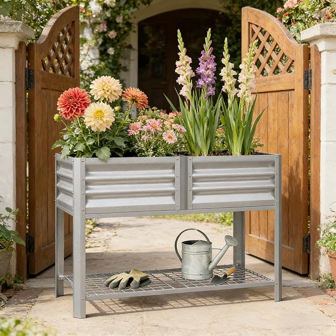 Elevated Outdoor Raised Garden Bed with Legs - 39.6-Gallon Galvanized Steel Planter Box for Patio Herbs Vegetables &amp Flowers - Ergonomic Height 33lb Storage Shelf (Silver)