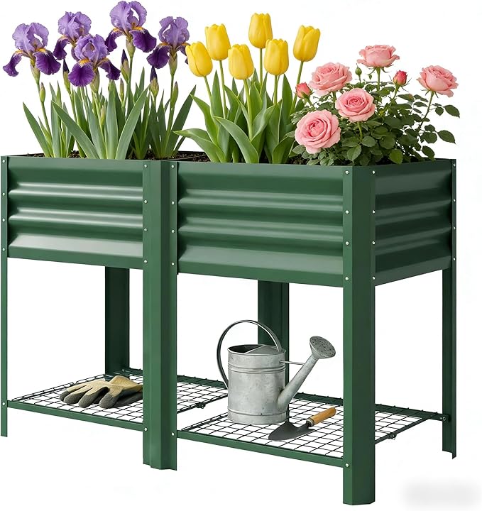 Elevated Outdoor Raised Garden Bed with Legs - 39.6-Gallon Galvanized Steel Planter Box for Patio Herbs Vegetables &amp Flowers - Ergonomic Height 33lb Storage Shelf (Green)