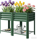 Elevated Outdoor Raised Garden Bed with Legs - 39.6-Gallon Galvanized Steel Planter Box for Patio Herbs Vegetables &amp Flowers - Ergonomic Height 33lb Storage Shelf (Green)
