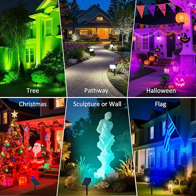 Halloween Solar Color Changing Lights Outdoor 7 Lighting Modes Waterproof IP65 Multicolor Landscape Spotlights Christmas RGB Uplights for Garden Yard House Tree Driveway Lawn Patio Pathway 6 Pack