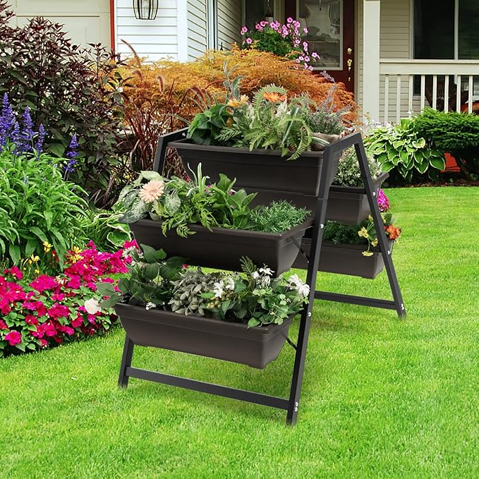 Giantex Set of 2 Vertical Raised Garden Bed 5 Planter Boxes Container w/Drainage Holes 31 H Freestanding Heavy-Duty Metal Frame Indoor Outdoor Raised Bed for Vegetables Herbs Flowers to Grow