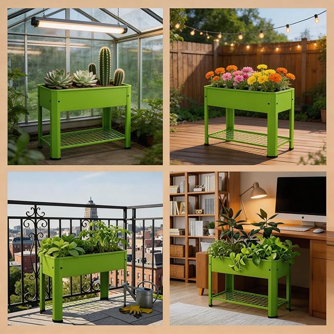Raised Garden Bed with Legs 32×14×32 in Metal Elevated Raised Planter Box with Storage Rack &amp Drainage Holes for Backyard Patio Balcony 200 lb Capacity - Green