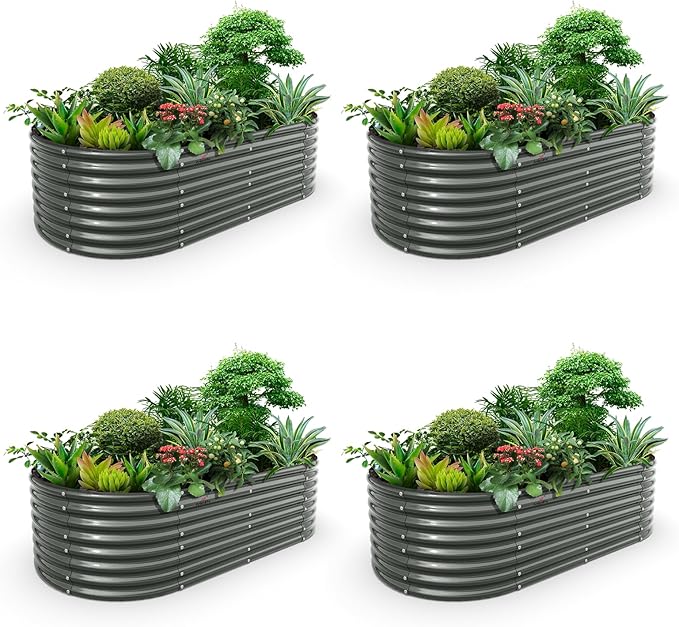 A ANLEOLIFE 4-Set 8X4X2 ft Galvanized Raised Garden Bed Kit Oval Metal Deep Root Planters for Outdoor Plants Quartz Grey