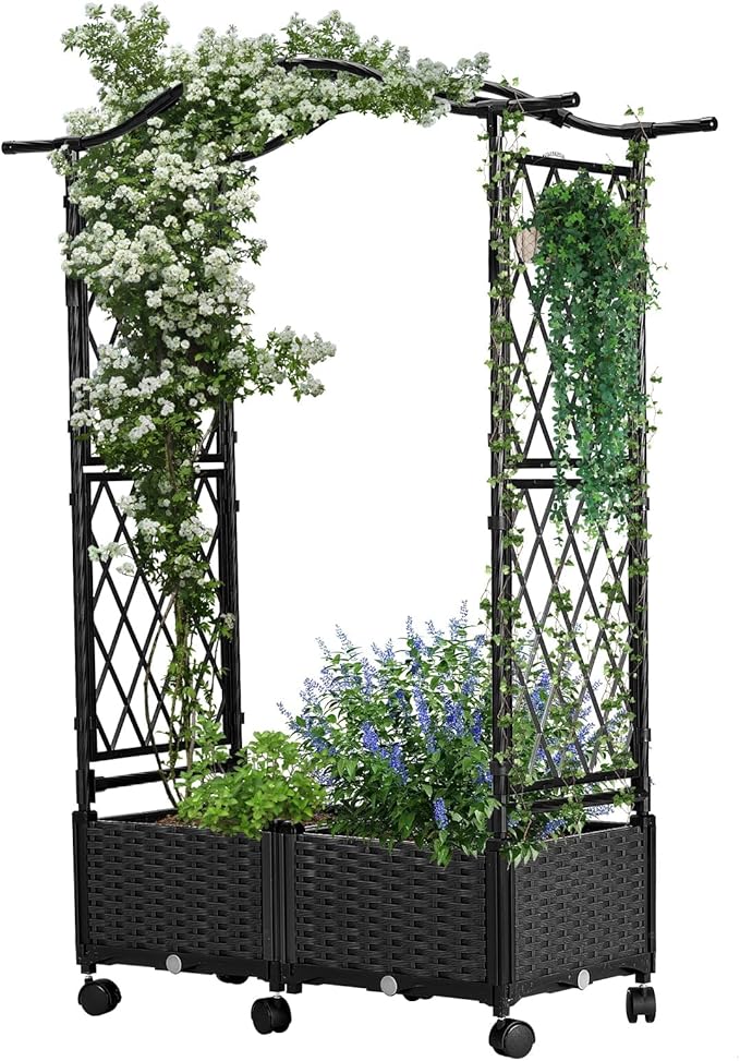 Planter Box with Trellis Outdoor Plastic Raised Garden Bed Trellis Planter Box with Wheels and Drainage Hole for Patio Balcony Backyard Indoor Flower Vegetable Tomato Black