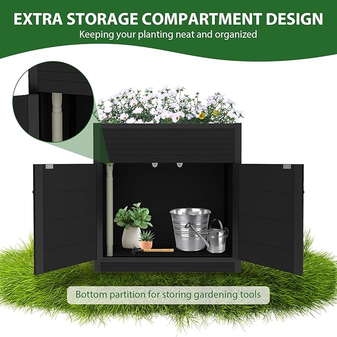 mondaria Raised Bed Garden Cabinet with Extra Storage Compartments Composite Planter Stand Box (Black)