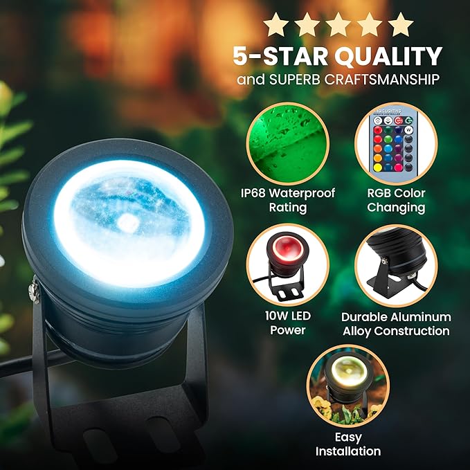 12Vmonster Color Changing RGB IP68 LED Outdoor Spot Light – 12V 10W Waterproof Garden Lighting – Multicolor Landscape Lighting for Yard Pathway and Lawn (Pack of 2)