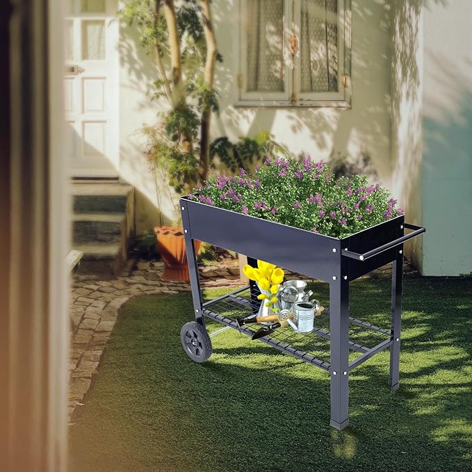 Elevated Mobile Raised Ergonomic Metal Planter Garden Bed for Backyard Patio w/Wheels Lower Shelf Black