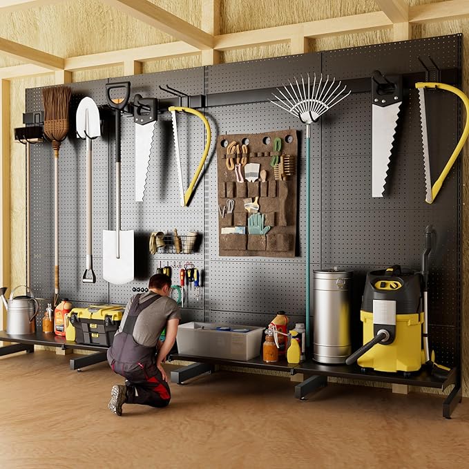 JWX Garage Pegboard Tool Organizer Free Standing Organizer Storage Rack with 21 Pegboard Storage Set Max 300 lbs Super Heavy Duty Garden Tool Hanger Rack for Ski Gears Broom Shovel Yard Tools