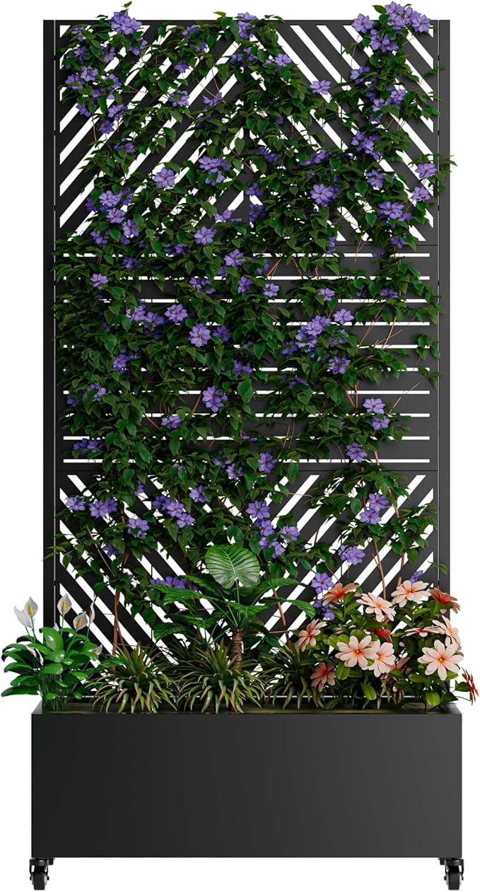 Metal Planter Box with Trellis &amp Wheels Outdoor Privacy Planters for Patio Mobile Raised Garden Bed with Trellis for Climbing Plants Balcony &amp Backyard (Black 3)