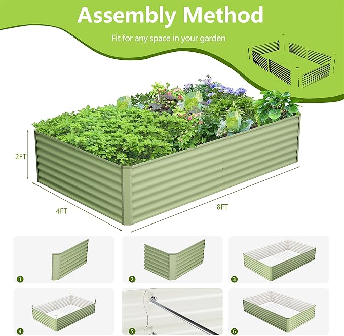 8x4x2FT Galvanized Raised Garden BedGalvanized Planter Boxes Outdoor Large Metal Raised Garden Beds for Vegetables-Green