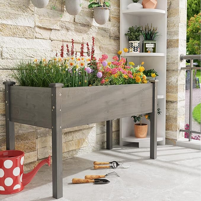 Giantex Raised Garden Bed Elevated Planter Box with Legs Drain Holes Wood Planter Raised Beds for Vegetables Flower Herb Standing Plant Grow Container for Backyard Patio 48 Lx22 Wx30 H