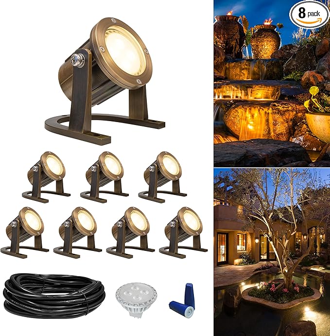 GKOLED 8Pack Solid Brass Underwater Light Low Voltage LED Pond Lights Submersible Fountain Lighting with 5W 2700K 410LM MR16 Bulb 9-15V AC/DC Outdoor Landscape Light IP68 Rated Pool Spotlights