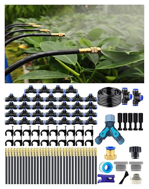Drip Irrigation System 360 Degree Adjustable Garden Sprinkler High Output Mist Spray Nozzle for Potted Plants Easy Connect &amp Rotating Head Customizable Water Flow (165FT+32spray nozzles)