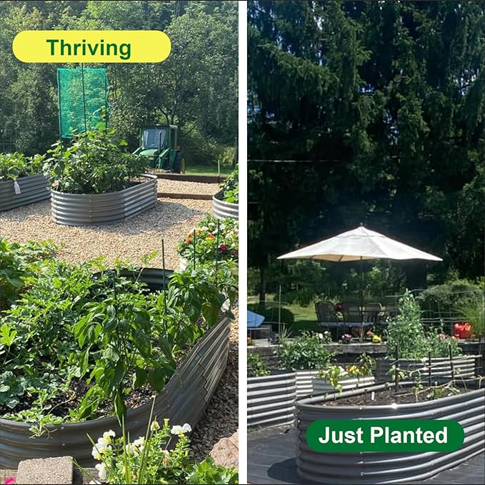 A ANLEOLIFE Raised Garden Bed Bundle with 230FT Drip Irrigation System Kit 8x4x2ft Oval Metal Bed + 2-Pack Round Metal Planters Quartz Grey