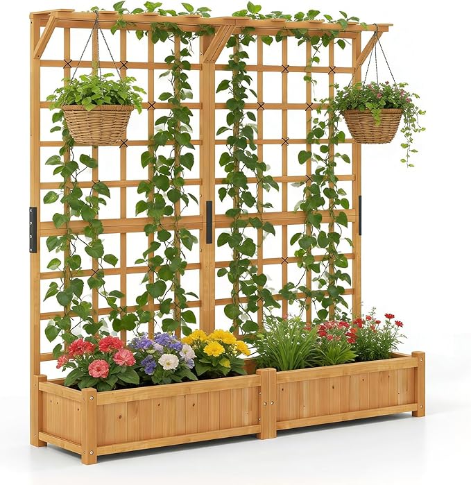 72” Planter Box with Trellis - Large Wooden Freestanding Garden Planter w/Hanging Roof 8 Drainage Holes &amp Lattice Panel - Raised Garden Bed with Trellis for Climbing Plants Flowers Vine