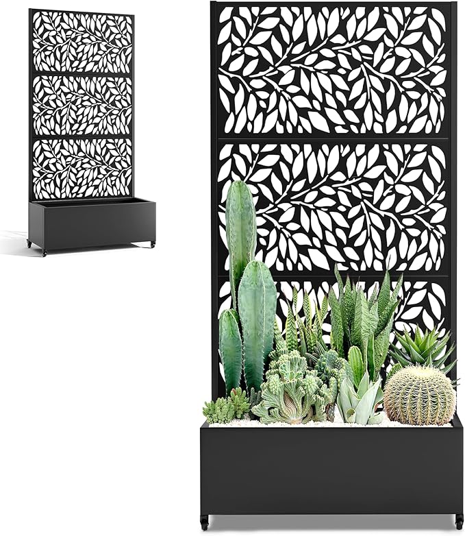 Metal Planter Box with Trellis and Wheels 35 L×16 W×71 H Outdoor Raised Beds with Privacy Screen Drainage Holes for Climbing Plants (Black Leaf)