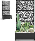 Metal Planter Box with Trellis and Wheels 35 L×16 W×71 H Outdoor Raised Beds with Privacy Screen Drainage Holes for Climbing Plants (Black Leaf)