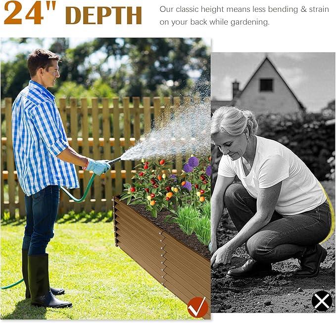 Domi 8x4x2ft Metal Raised Garden Beds Outdoor Thickened Galvanized Steel Deep Root Planter Box with Stabilizing Bars &amp Rubber Edging for Vegetables Flowers Herbs - Brown