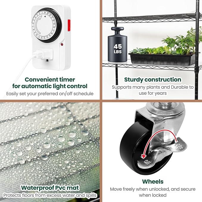 SOLIGT Plant Shelf with Grow Lights 5 Tier Grow Light Stand Rack with 8 Pack 2FT 6000K T8 Full Spectrum Led Grow Lights for Indoor Plants Seed Starting Seedling Growing Timer Included