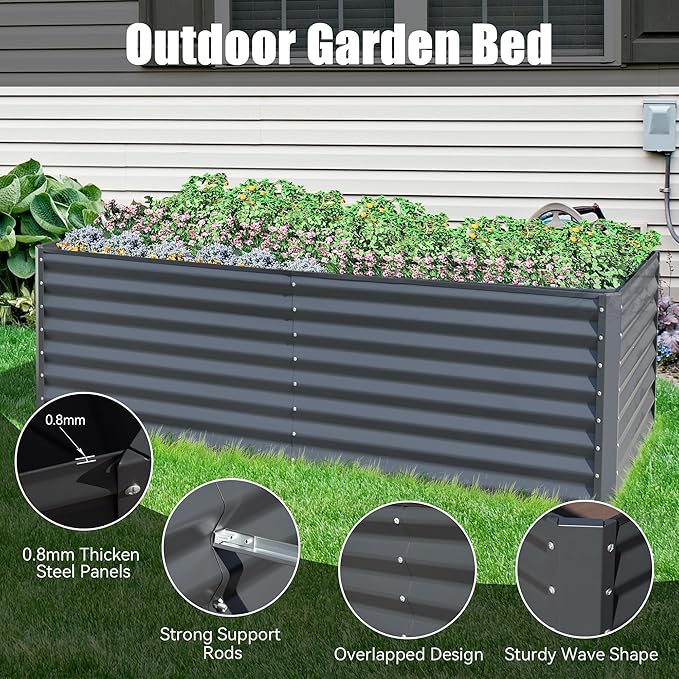 8x4x2 ft Galvanized Raised Garden Bed Outdoor Planter GBoxes Large Metal Planter Box for Gardening Vegetables Fruits FlowersGray