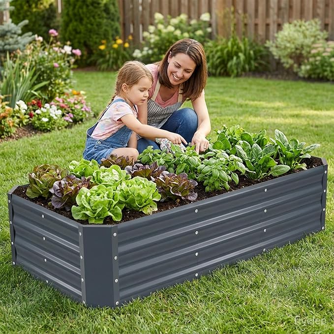 INNO STAGE 4×2×1ft Galvanized Raised Garden Bed Kit Galvanized Planter Raised Garden Boxes Outdoor Large Metal Raised Garden Beds for Vegetables Flowers Herbs and Succulents Grey