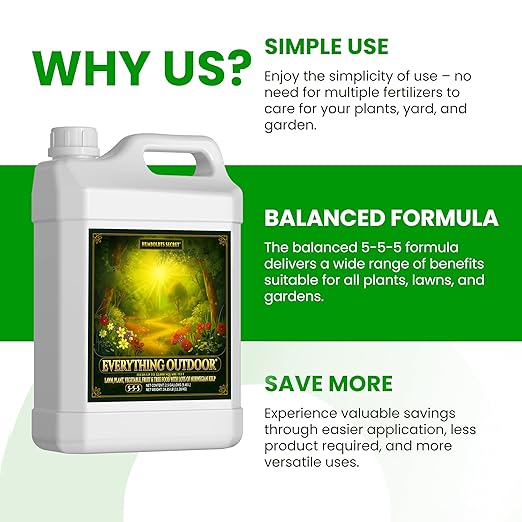 Humboldts Secret Everything Outdoor Plant Food | 5-5-5 Liquid Fertilizer with Norwegian Kelp | All Purpose Lawn Vegetable &amp Fruit Food | Garden Nutrients | Refillable Hose End Bottle | 2.5 Gallon