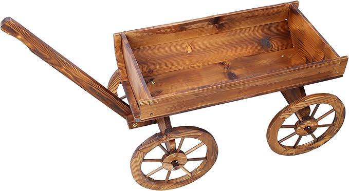 Wood Wagon Flower Planter Pot Stand WWheels Home GOutdoor Decor