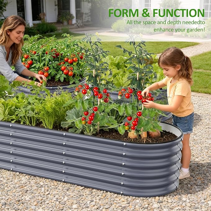 Gruper Galvanized Raised Garden Bed 8×2×1.4 ft Tall Oval Large Metal Planter Raised Garden Boxes Outdoor for Vegetable Fruits Flower Herb Anti-Rust and Sturdy &amp Easy-Setup