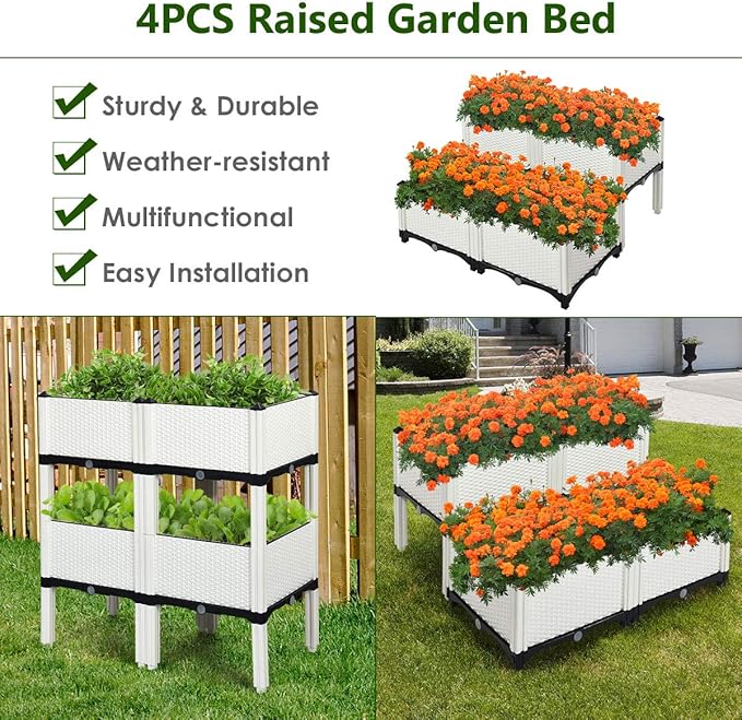 Giantex Raised Garden Bed Set of 4 Planter Raised Beds Kits with Drain Holes for Fruit Flowers Vegetables Outdoor Elevated Planting Box for Lawn Patio Balcony Easy Assembly Rattan-Like Look White
