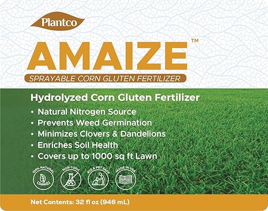 Liquid Corn Gluten Fertilizer Natural Nitrogen 1000 Sq Ft Coverage - GMO-Free All-Natural Lawn Care for Grass | Amaize Non-Toxic and Eco-Conscious Formula with Corn Gluten | 32 fl oz Bottle
