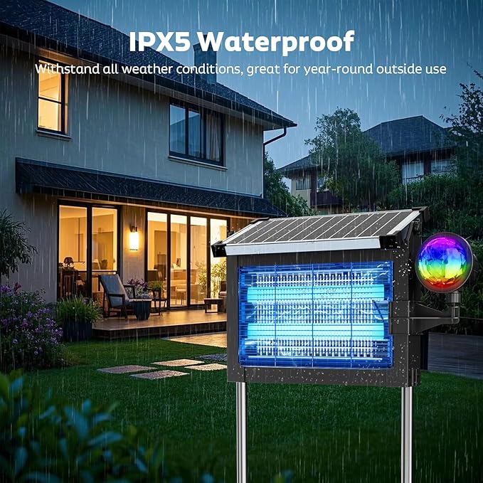 Solar Bug Zapper Outdoor with Projector Lights Mosquito Zapper Waterproof Electric Fly Zapper Rechargeable with 10W Solar Panel 4500V Cordless Fly Trap for Backyard Patio Garden Camping