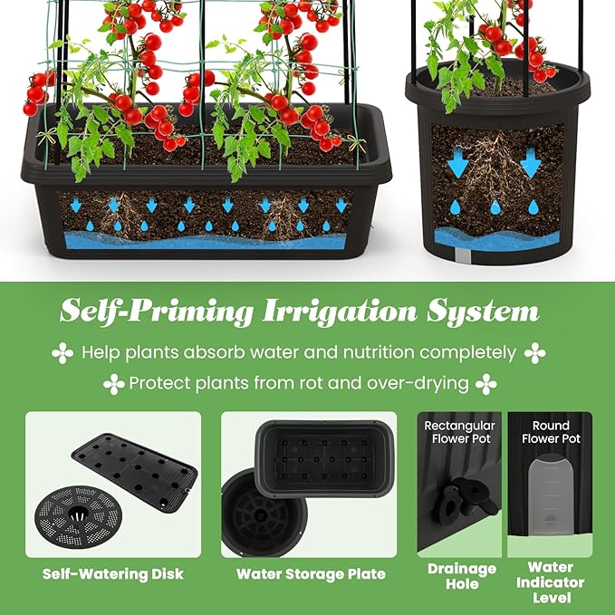 Giantex Set of 2 Raised Garden Bed w/Trellis &amp Plant Cage Planter Box w/ 71” Cucumber Trellis Round Raised Bed w/ 58.5” Tomato Cage PE-Coated Metal Adjustable Height for Climbing Plant