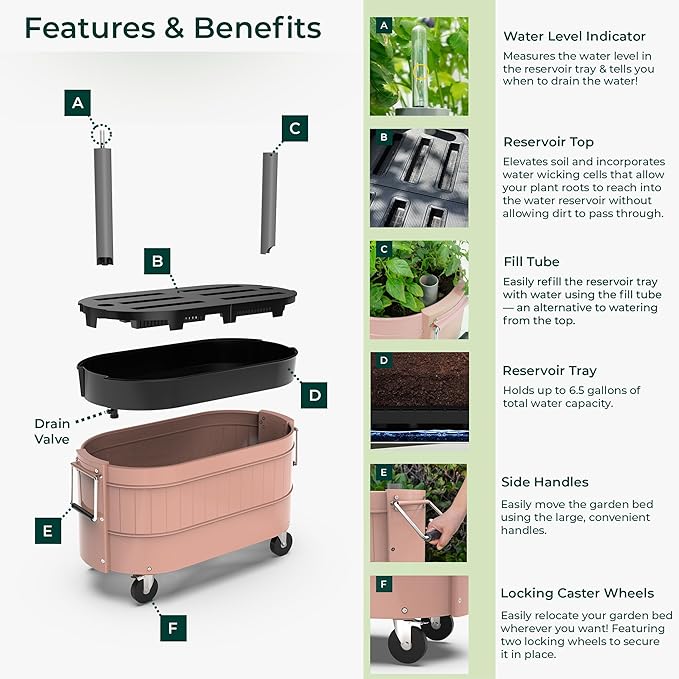 Permasteel Self-Watering Garden Bed Rolling Planter for Vegetables Flowers Herbs and Fruit Outdoor Indoor Caster Wheels Pink