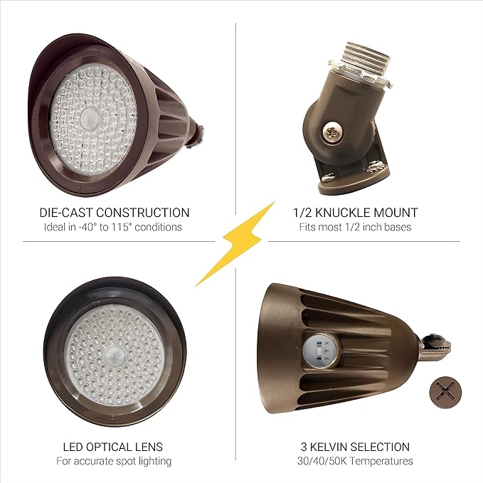 NuWatt 25W Bronze Bullet Spot Light Outdoor LED Landscape Floodlights 3500 Lumens Bright Outdoor Light for Yard 3000K/4000K/5000K Selectable 1/2 Knuckle Mount 120-277V Waterproof Flag Pole Lights