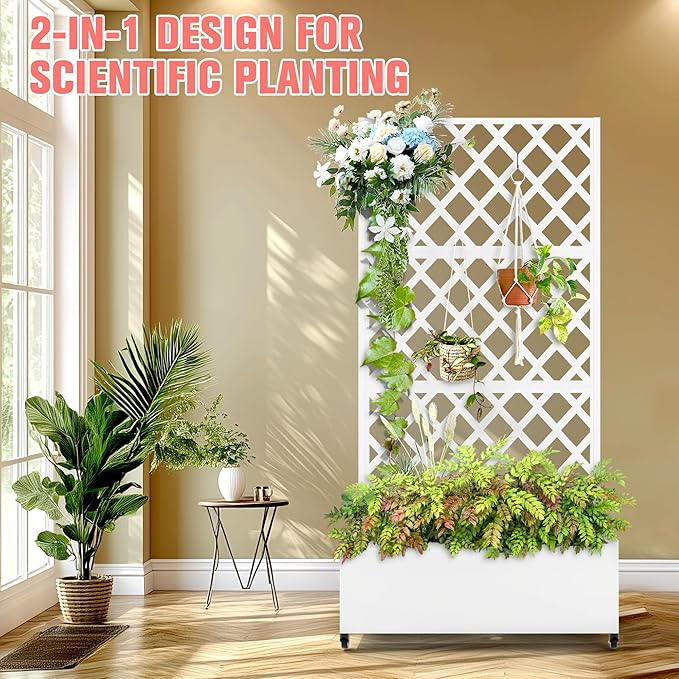 Metal Planter Box with Trellis Raised Garder Bed with Drainage Hole Privacy Screen &amp Trellis for Climbing Plants Outdoor Plant Stands 35''L×17''W×73''H White