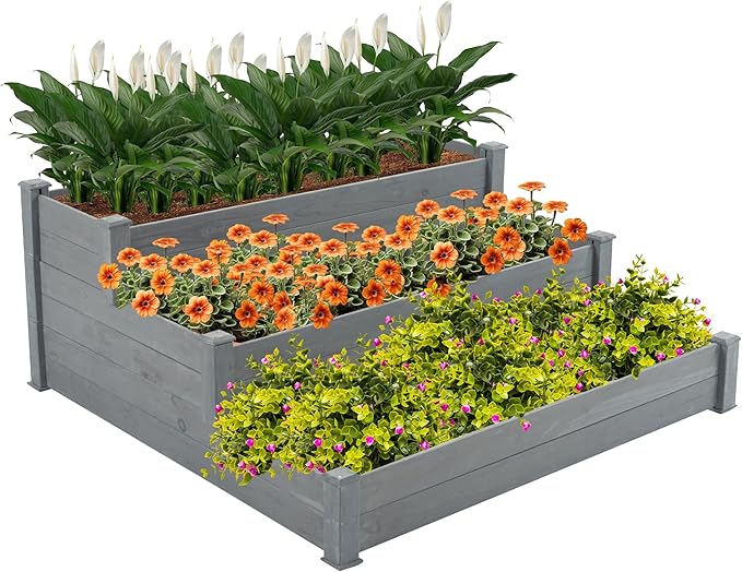 3 Tier Wooden Raised Garden BedTiered Outdoor Elevated Flower BoxHorticulture Open-Bottom Planter Raised Garden BedVegetables Growing Planter for Backyard Patio Gardener Grey