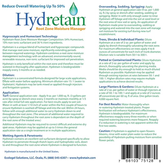 Hydretain Root Zone Moisture Manager - Drought Protection and Moisture Control for Lawns Gardens Containers - Reduces Watering Delays Wilt - Covers up to 20000 Sq Ft (1 Gallon)