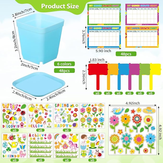 Capoda 48 Sets Garden Flower Pots Crafts Kit DIY Spring Plastic Seedling Nursery Pots with Stickers Plant Labels Growth Charts Planting Growing Tools Classroom Activities Project Gifts (Square)