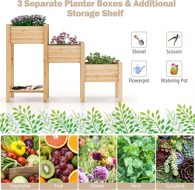 Byroce 3-Tier Raised Garden Bed Wooden Elevated Garden Bed with 3 Planter Boxes Open Storage Shelf &amp Drainage Holes Fir Wood Outdoor Planter Stand for Flower Vegetable Herb in Garden Yard &amp