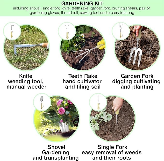 Garden Tools Set – Premium Stainless Steel Gardening Hand Tools with Solid Beechwood Handle – Gardening Kit with Rake Shovel Gloves Shears Tool Organizer – Garden Gifts for Women and Men