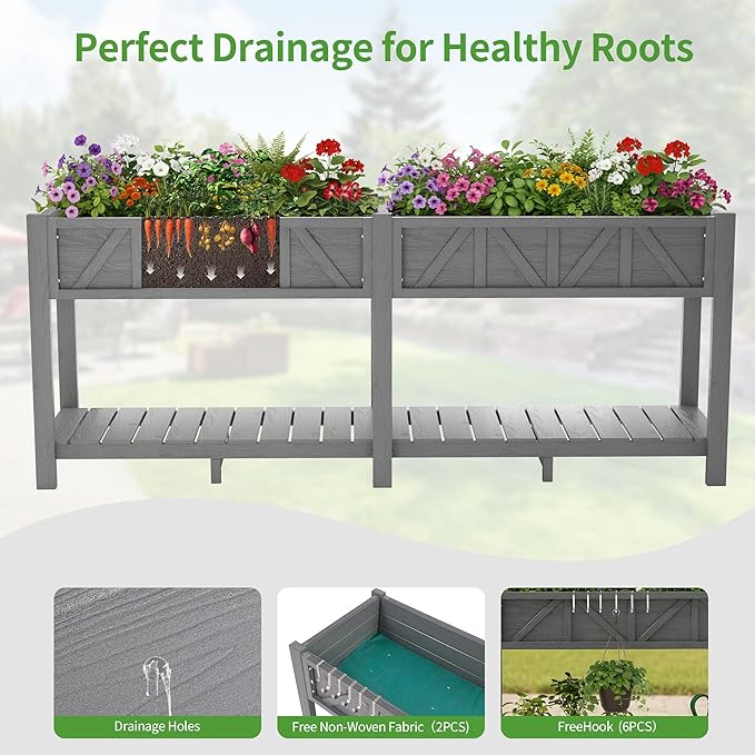 HIPS Elevated Raised Garden Bed with Legs72L x 17.3W x 28.7H Large Outdoor Planter Box with Storage RackAll-Weather Raised Bed Planters with 6 Hooks &amp 2 Non-Woven Liner for Vegetables Flower