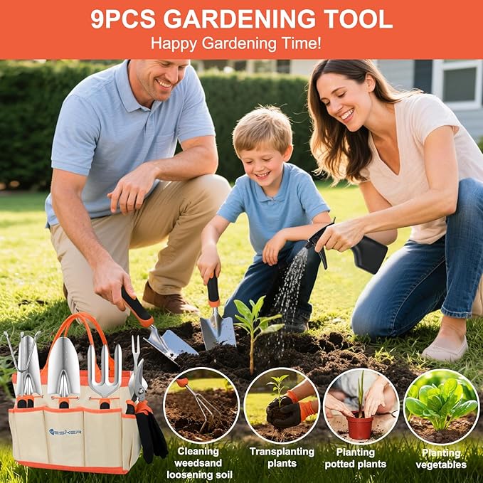 Yesker Gardening Tools 9-Piece Heavy Duty Garden Tool Set Gardening Supplies Gifts for Women Men Gardening Hand Tool Kit with Non-Slip Ergonomic Handle Garden Bag Durable Gloves and Shears Orange