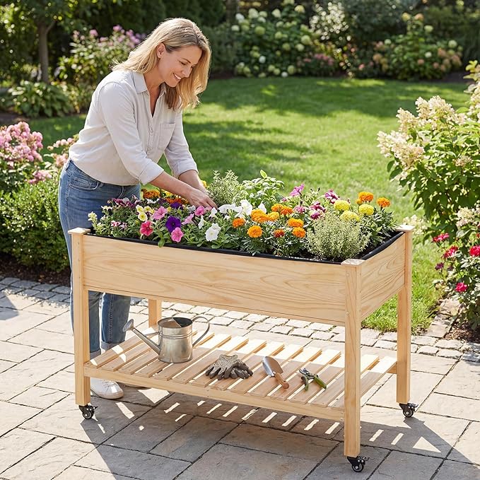 COSTWAY Pine Wood Raised Garden Bed 47 x 23 x 33 Elevated Planter Box with Storage Shelf Lockable Wheels Liner Drainage for Vegetables Flowers Herbs Yard Balcony
