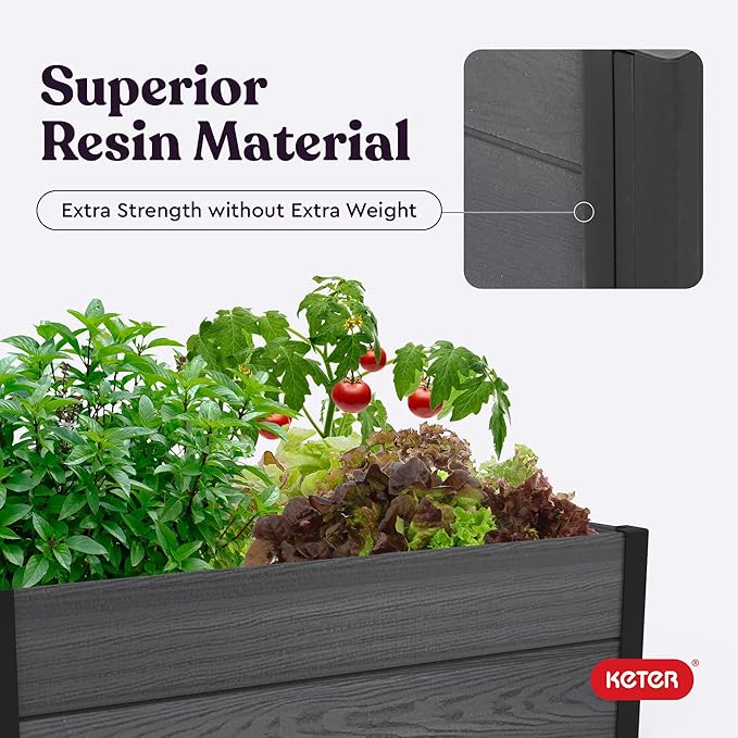 Keter 48 X 48 inches Wood Look Raised Garden Bed Durable Outdoor Herb Garden Planter for Vegetables Flowers and Succulents Grey