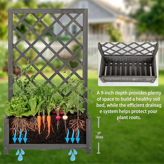 Wooden Raised Garden Bed with Trellis 40 Outdoor Planter Box for Climbing Plants Vertical Modern Gray Garden Planter for Vegetables Flowers &amp Vines Lattice Plant Support for Patio Yard Balcon