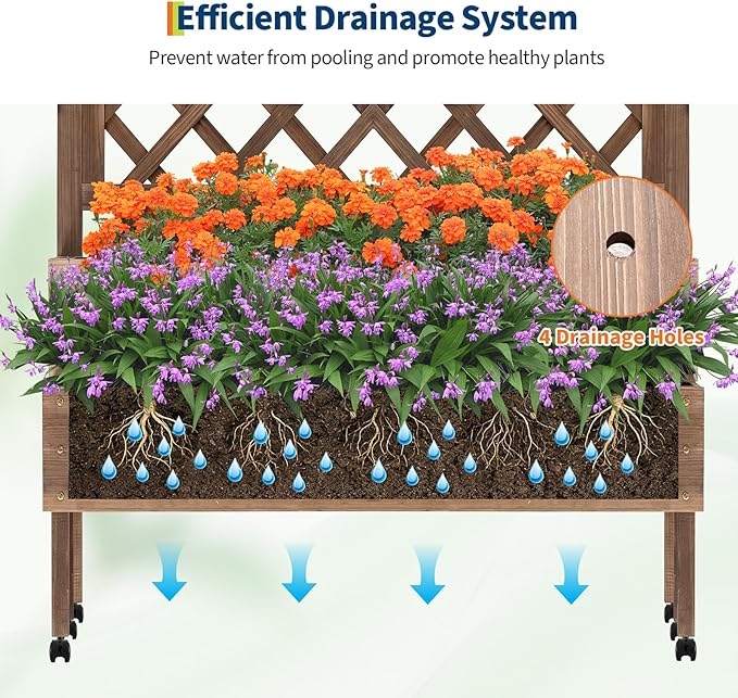 41.93x22.44x54.13 Raised Garden Bed with Trellis 2-Tier Planter Box with Legs Elevated Wood Planter Box Stand for Backyard Patio Balcony with Wheels Drainage Holes Brown