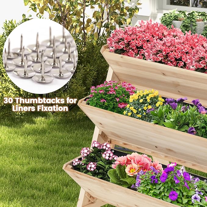 3 Tiers Raised Garden Bed Wooden Garden Bed Elevated Garden Planter with Storage Shelf Bed Liner &amp 2 Hanging Hooks Fir Wood Vertical Planter Bed for Patio Yard Balcony &amp Deck