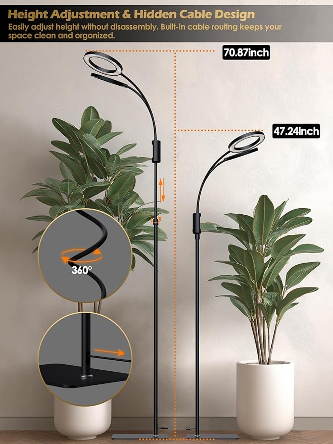 Smart Grow Lights for Indoor Plants48W 2-Head Plant Light with Auto-Timer Full Spectrum LED Grow Light Adjustable Height &amp Stepless DimmingPlant Assistant Suitable for Most Plants (Black 48W)