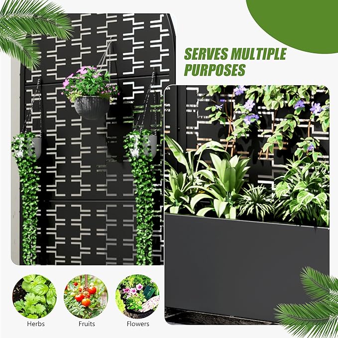 Casaphoria 72x35 Metal Raised Garden Bed with Trellis(2 Pack) Outdoor Planter Box with Wheels &amp Drainage Holes for Climbing Plants Elevated Garden Kit with Privacy Screen Black Brick Arched